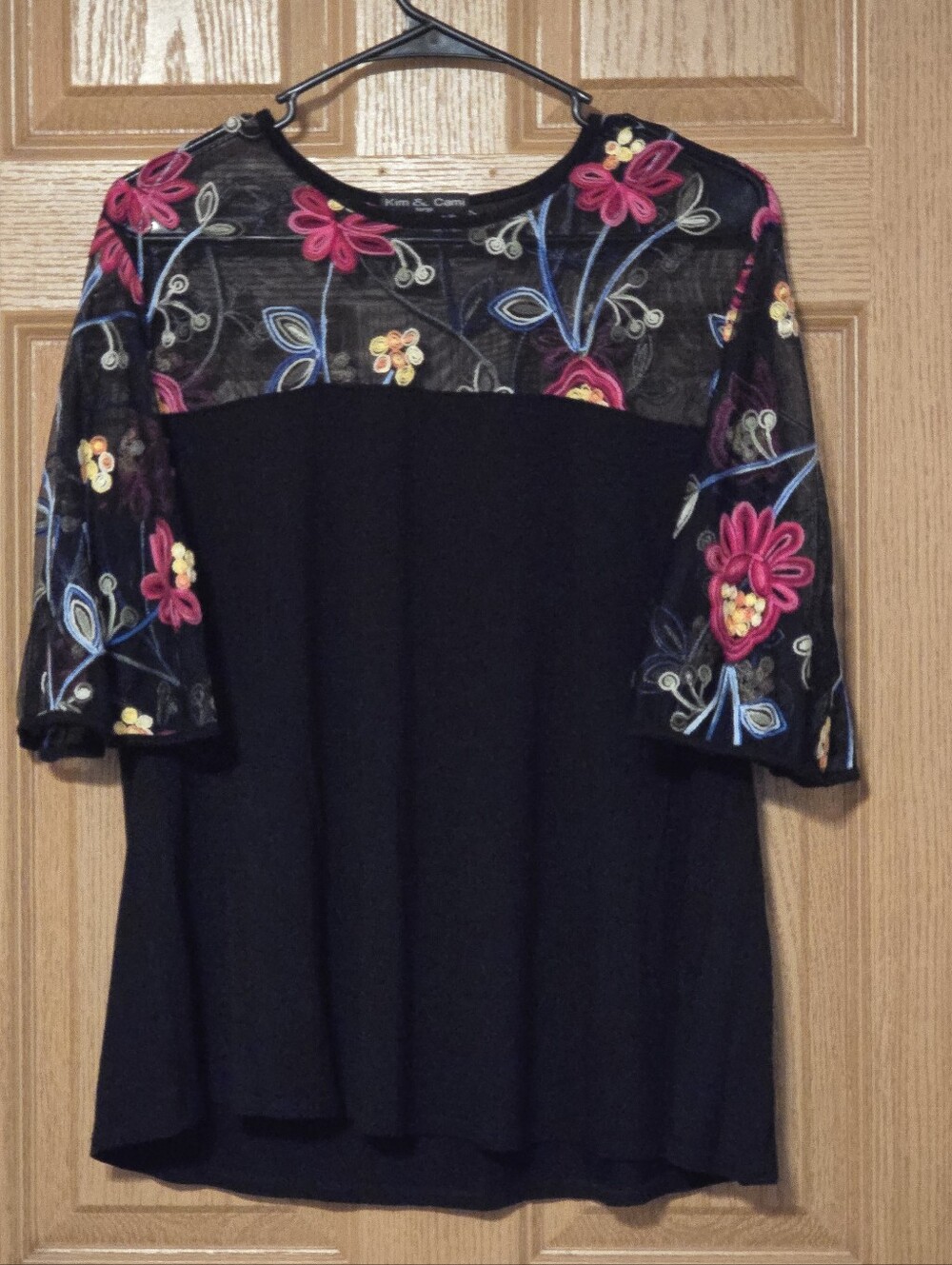 Kim & Cami Black Mesh Top with Pink and Yellow Floral Embroidery Large